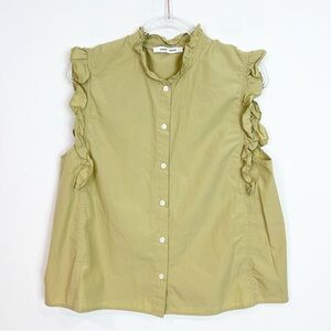 SAMSOE SAMSOE GREENISH FRILL SLEEVE MARTHY ORGANIC COTTON BLOUSE SZ LARGE